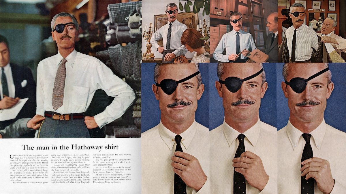 Historical Hathaway shirt advertisements showing a model with a black eye patch.