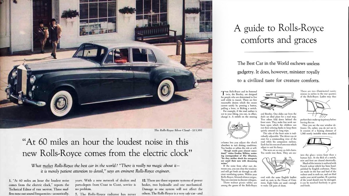 Historical Rolls-Royce print advertisement with a car photograph, electric-clock headline and detailed body copy.