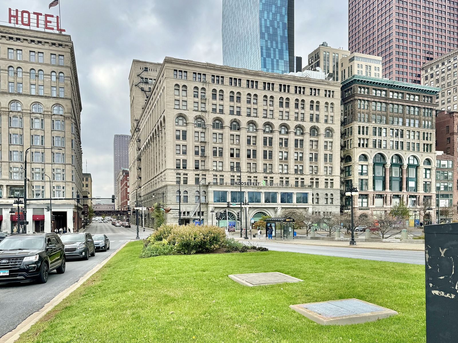 The Auditorium Building’s stone exterior on a Chicago street corner.