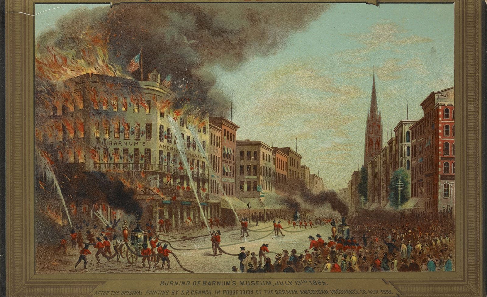 A colour print of the five-storey American Museum in flames and black smoke, with red-shirted firemen working hand pumps and hoses in the street and a dense crowd watching beside the spire of St Paul’s Chapel.