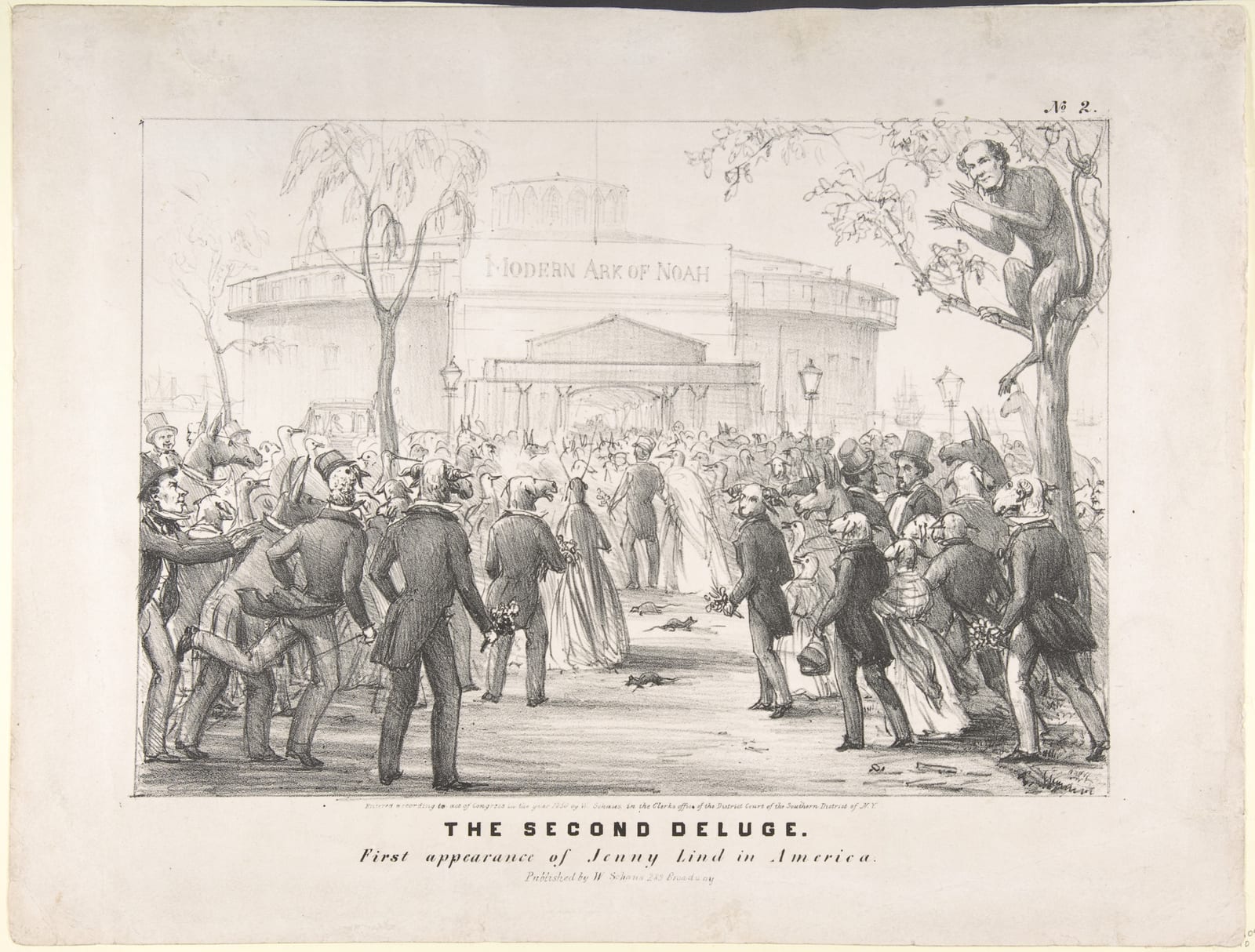 A satirical lithograph of a crowd with the heads of donkeys, geese, sheep and other animals filing into a round building labelled “Modern Ark of Noah”, while a monkey with a man’s face watches from a tree.