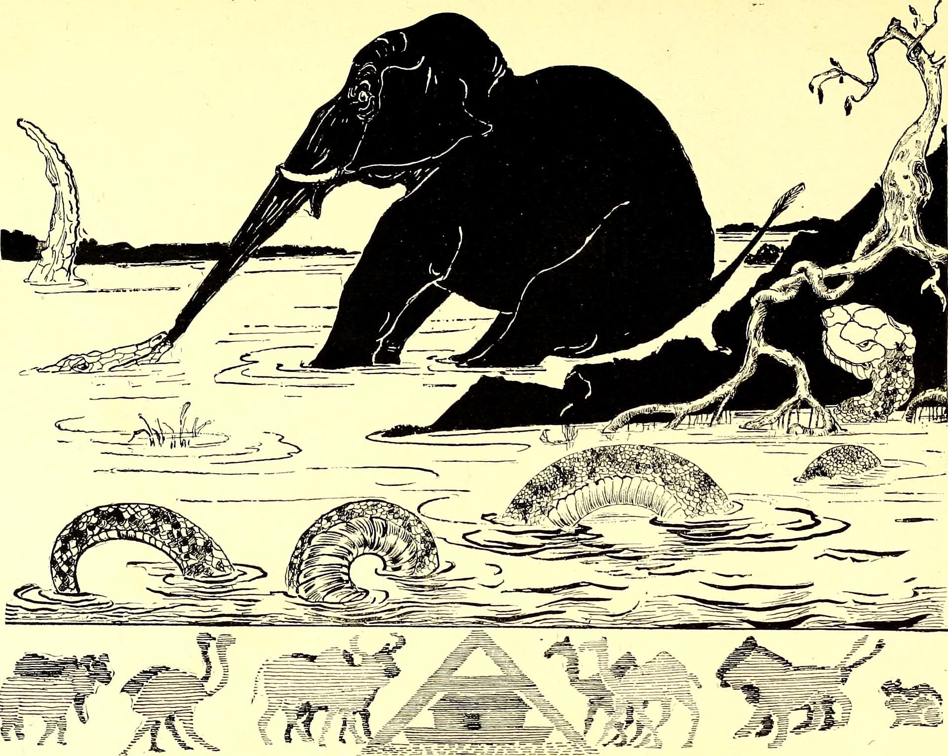 Kipling’s black-and-white drawing of the Elephant’s Child pulled by a crocodile, with the python coming to help.